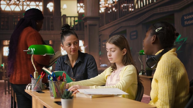 A group of college students from different ethnic backgrounds sitting together at a table in a library, studying and engaged in a lively discussion.