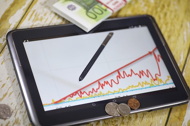 A graph showing income and expenses over time, highlighting the gap between them widening as a result of effective budgeting and investment strategies. The graph is displayed on a modern computer monitor in a home office.