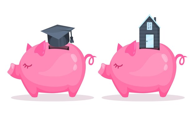A visual representation of a piggy bank overflowing with coins, surrounded by icons representing different savings goals, such as a house, a graduation cap, and a retirement fund.