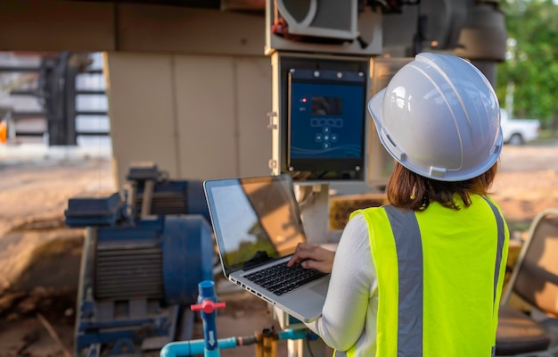 A detailed view of a construction worker using high-tech equipment to inspect the structural integrity of a bridge, emphasizing the use of advanced technology in infrastructure repair and maintenance. The focus is on precision and safety.