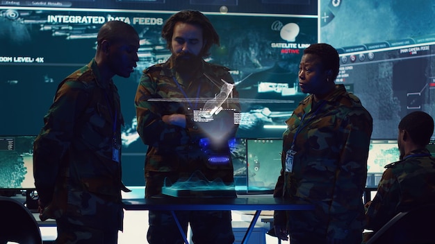 A group of diverse cybersecurity professionals collaborating around a holographic display showing network traffic and threat detection visualizations in real-time.