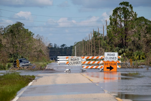 A coastal community in Florida implementing flood control measures, such as elevated roadways and strengthened seawalls, to protect against rising sea levels and storm surges. The image emphasizes adaptation and resilience in the face of climate change.