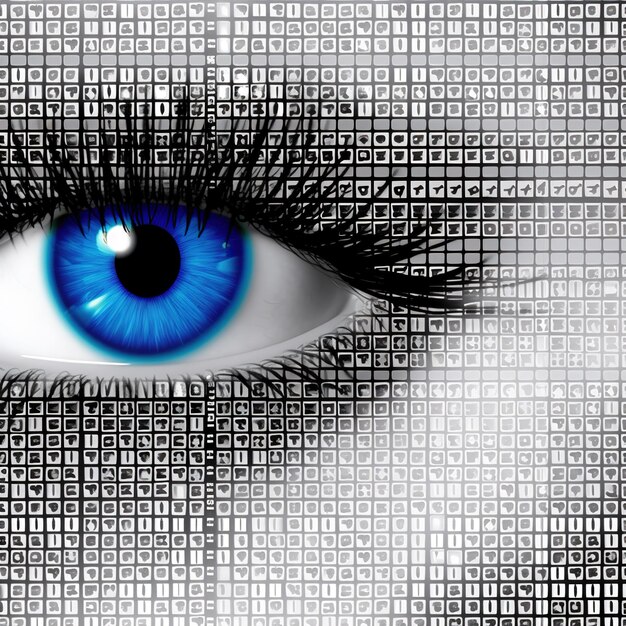 A close-up of a person's eye reflecting lines of code, symbolizing the pervasive data collection by big tech companies and the privacy concerns that arise from it.