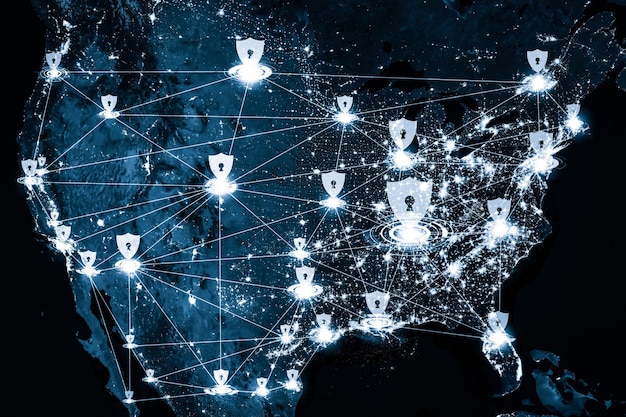 A graphic visualization showing a shield protecting various digital icons representing personal data (email, credit card, location, etc.), with the US flag subtly in the background.