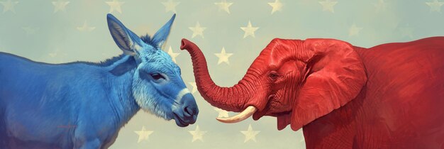A split image contrasting symbols of the Democratic and Republican parties (e.g., a donkey and an elephant), highlighting the ideological differences that influence budget negotiations.