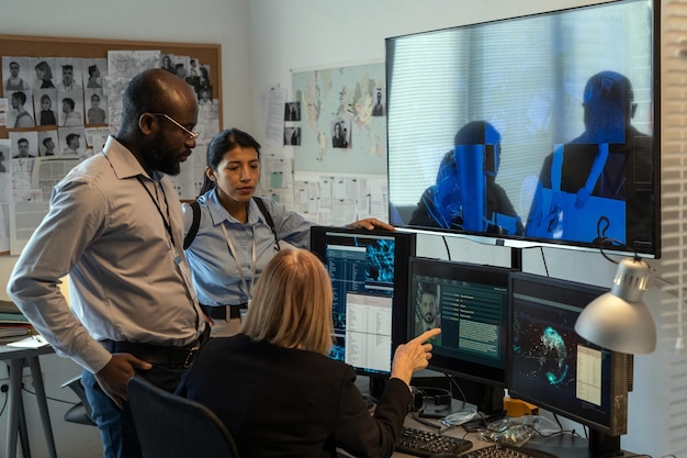 A diverse team of cybersecurity professionals collaborating in a high-tech security operations center, with multiple screens displaying threat analysis data.