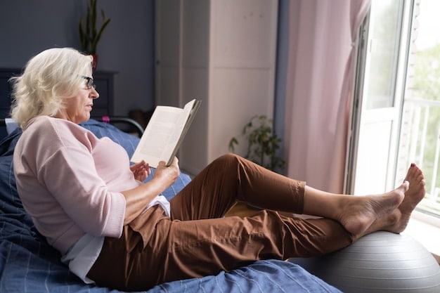 An elderly woman sitting comfortably in her home, reading a book with a warm blanket draped over her legs. Sunlight streams through the window, creating a cozy and secure atmosphere.