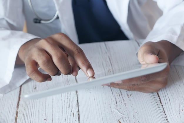 A close-up shot of a hand using a tablet to browse Medicare enrollment information. The screen displays a clear and user-friendly interface with easy-to-understand instructions.