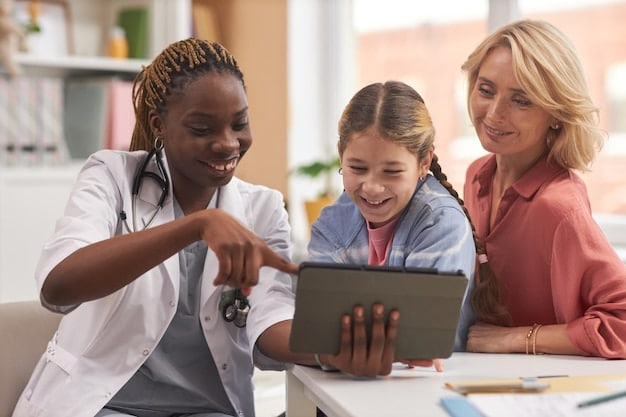 A family smiling as they receive information about Medicaid and CHIP benefits from a healthcare professional in a bright, welcoming office.