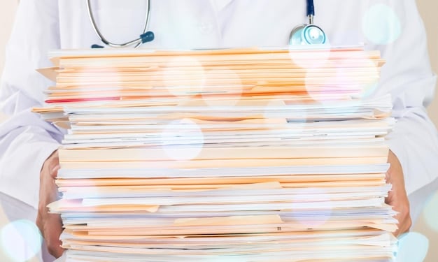 Stack of organized medical files and documents, with a magnifying glass resting on top, symbolizing the thorough review and importance of detailed medical records in a disability claim.