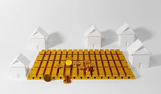 An image of a construction site with new houses being built, juxtaposed with an image of a gold vault, symbolizing the potential of real estate and precious metals as inflation hedges.