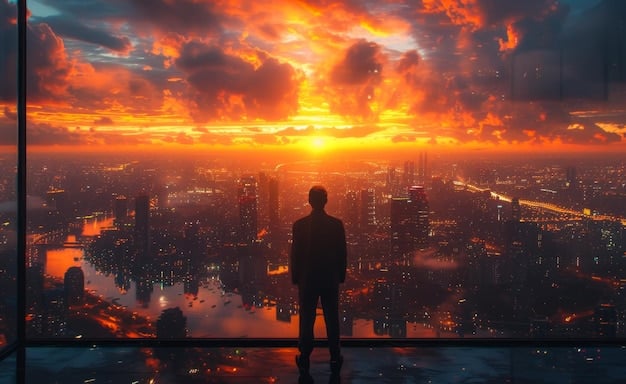 A person overlooking a cityscape at sunset, representing the future and investment goals. Overlayed on the image is a visual of a diversified portfolio pie chart, illustrating the concept of strategic reinvestment. The colors are warm oranges and blues, conveying a sense of optimism and planning.