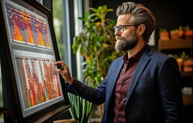 A close-up view of a financial analyst examining a detailed revenue growth chart on a large digital screen, highlighting upward trends and key performance indicators, with a focused expression.