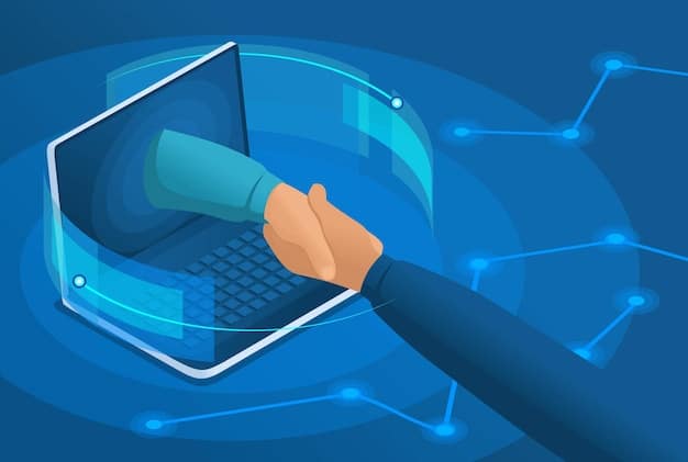 A digital illustration of a hand shaking across a laptop screen, symbolizing the connection between borrowers and lenders on a P2P platform. The background shows various financial icons and data streams.