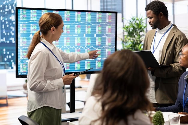 A group of financial analysts in a modern office reviewing charts and discussing investment strategies, with data screens displaying financial information in the background.