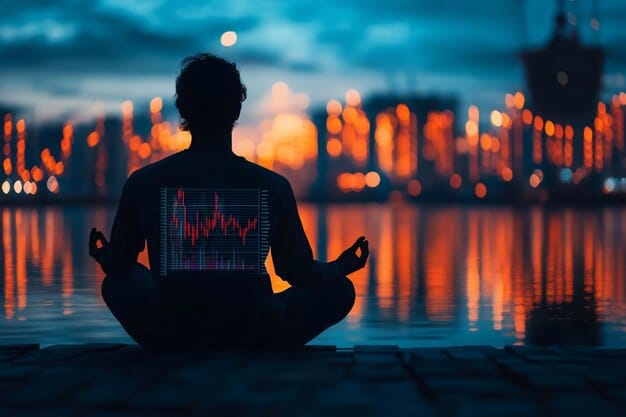 An individual meditating peacefully while stock market data streams calmly in the background, symbolizing a balance between investment discipline and emotional well-being.