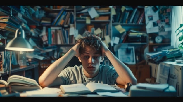 A split-screen image. On one side, a student stressed out and overwhelmed while studying for a standardized test. On the other side, a student engaged with their community, smiling and participating in a volunteer activity.