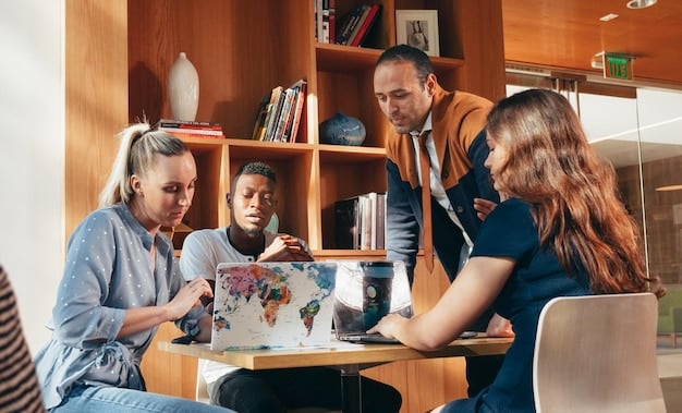 A group of special education teachers collaborating in a brightly lit resource room, reviewing student IEPs and discussing strategies. There are posters with educational information and assistive technology devices visible.