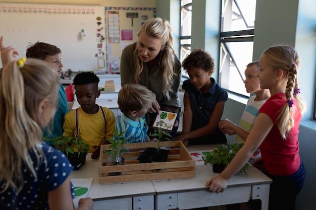 A classroom scene where students are working collaboratively on a project, with the teacher facilitating rather than lecturing. The environment is colorful and engaging.