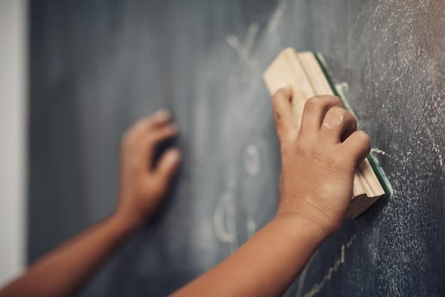 A close-up of a teacher's hand grading papers in a dimly lit classroom after school hours, emphasizing the long hours and dedication required of educators. The scene evokes empathy and highlights the pressures contributing to teacher burnout.