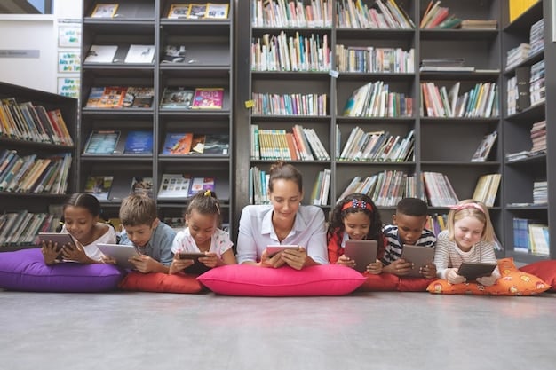 A bright and organized preschool classroom with various learning centers, including a reading nook, a block-building area, and an art station. Children are actively engaged in different activities, demonstrating self-directed learning and exploration.