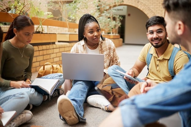 A diverse group of students working together on a college campus, with laptops and books, symbolizing the collaborative and academic environment of higher education.