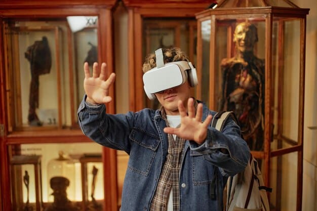 A student wearing a VR headset is exploring a virtual museum. The headset displays artifacts and historical exhibits, creating an immersive learning experience. The student is interacting with the virtual environment using hand gestures.