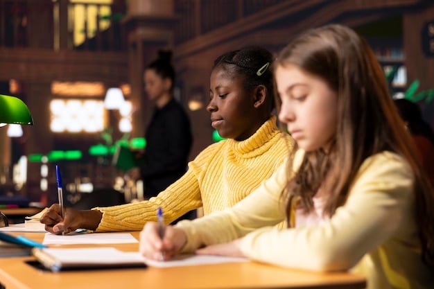 Students taking a standardized test in a classroom environment, illustrating the concept of standardized testing requirements under the Every Student Succeeds Act (ESSA).