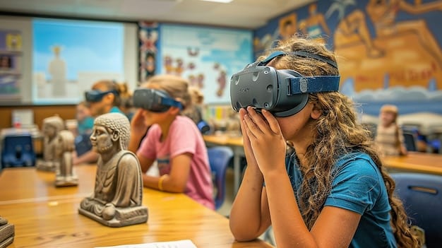 A student wearing VR glasses in a classroom setting, exploring ancient Rome while other students observe and take notes.