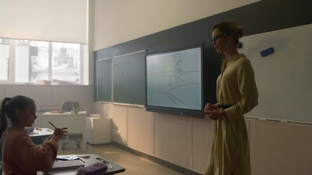 A teacher using a smartboard to demonstrate an AI-driven educational program, with students looking on attentively.