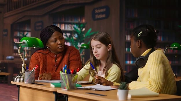 A diverse group of students sitting at desks working. The classroom is colorful and inspiring. There are books and learning materials placed as if it is a class setting.