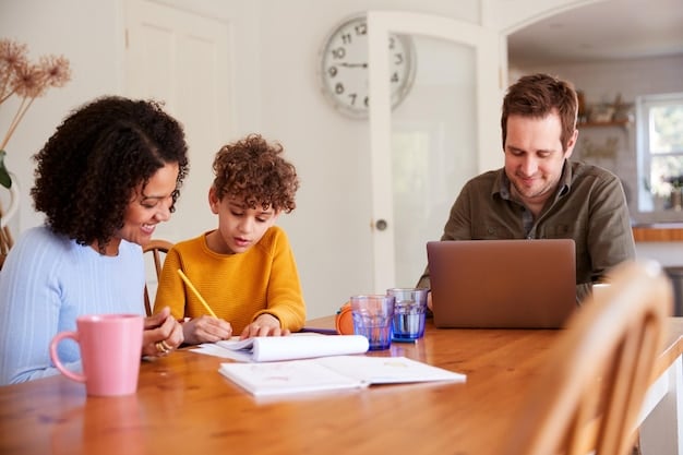 Teacher discussing a student's work with her parents. The mom and dad are sitting at the table with their student.