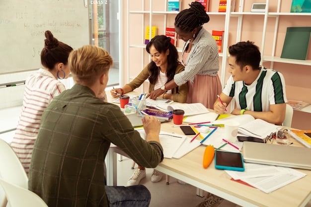 A diverse group of students working together on a project in a classroom. The students are engaged and collaborative, demonstrating the Common Core's emphasis on teamwork and communication skills.