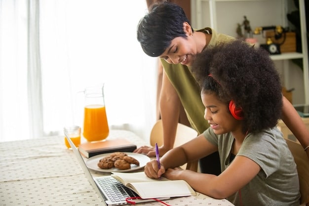 A close-up shot of a parent reviewing test preparation materials with their child at a kitchen table. Both are smiling and engaged in a supportive learning environment.