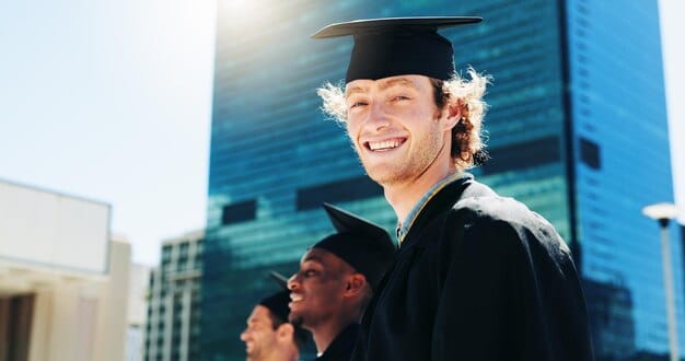A smiling graduate holding their diploma, with a background showing a cityscape and subtle financial charts. The overall tone is optimistic and hopeful.