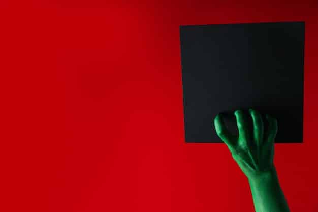 A hand reaching out to grab a scholarship application form that is covered in red flags and warning symbols. The background is a dark, ominous color.