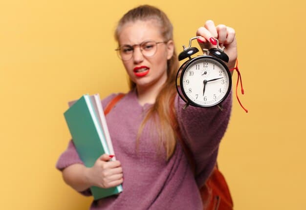 A stressed student surrounded by clocks and deadlines, with a scholarship application form slipping through their fingers. The overall tone is frantic and anxious.