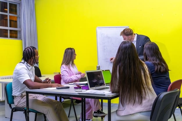 A vibrant image of a graduate student leading a discussion in a seminar room, surrounded by engaged students, depicting the collaborative and enriching environment of a teaching assistantship.