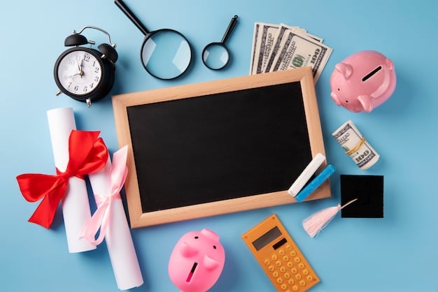 A collage showing different forms of financial aid: a check representing grants, an academic scroll representing scholarships, coins representing savings, and a calculator representing loans.