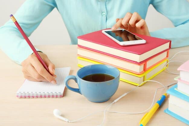 A student balancing textbooks and a work schedule, using a planner to stay organized, with a cup of coffee on the desk.