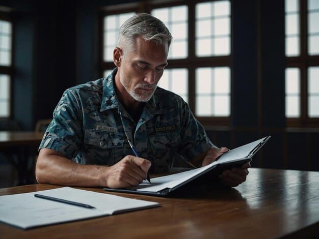 A focused image of a military spouse sitting at a desk, reviewing documents related to financial aid applications on a laptop screen. The setting is a cozy, well-lit home office, symbolizing the effort and dedication required to navigate financial aid processes.