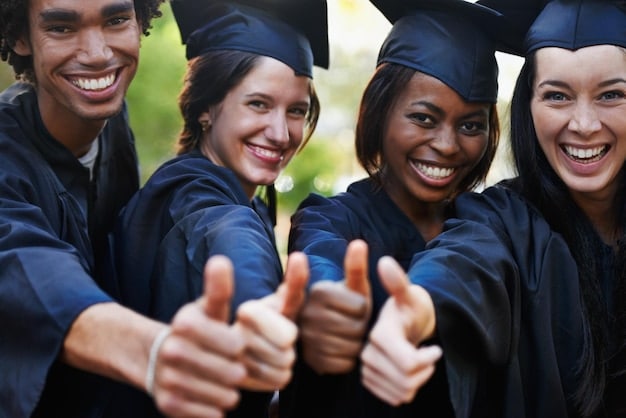 A group of diverse students, including a uniformed service member, celebrating together with diplomas in hand. The setting is a college campus, with trees and collegiate buildings in the background, symbolizing the successful pursuit of higher education among military families.