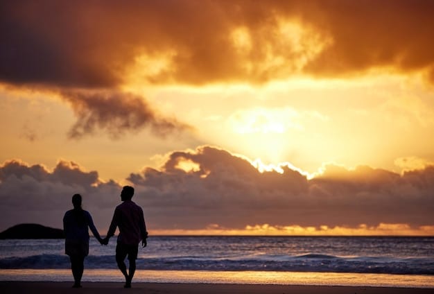 A silhouette of a couple holding hands and walking towards a sunset on a beach. The image conveys the idea of a shared and secure retirement future.