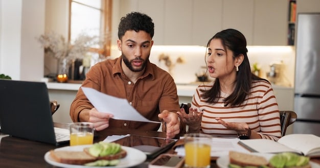An image depicting a family sitting at their kitchen table, reviewing financial documents with expressions of relief and surprise, highlighting the impact of discovering new benefits programs.