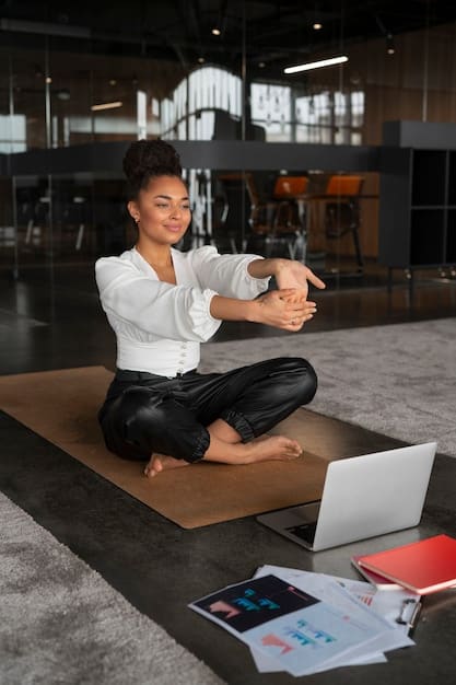 An employee participating in a wellness program at their workplace, such as a yoga class or health screening. The scene should be vibrant and motivating, highlighting the positive aspects of employer-sponsored wellness initiatives.