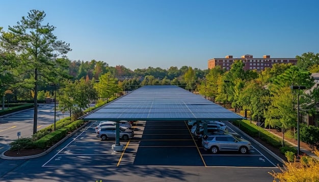A modern, sustainable office building with rooftop solar panels and electric vehicle charging stations in the parking lot. Landscaping includes drought-resistant native plants.