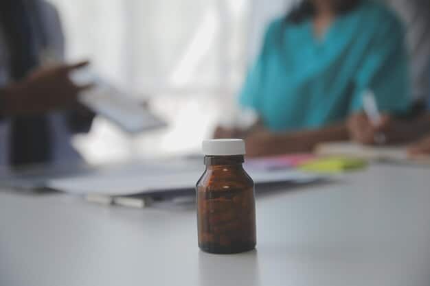 A close-up of prescription medication bottles with the Medicare logo subtly in the background, emphasizing the connection between prescription drugs and Medicare coverage.