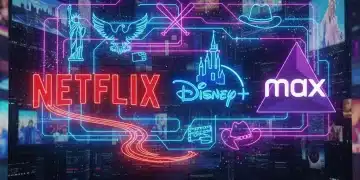 Futuristic digital art showing streaming logos and US landmarks, representing 2026 streaming wars.