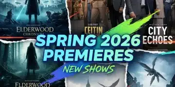 Dynamic collage of anticipated TV series posters for Spring 2026 premieres in the US.