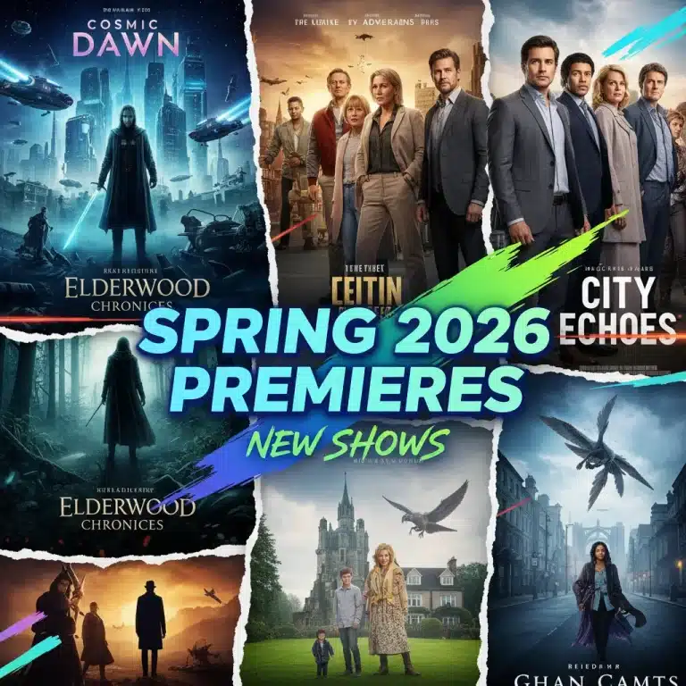 Dynamic collage of anticipated TV series posters for Spring 2026 premieres in the US.